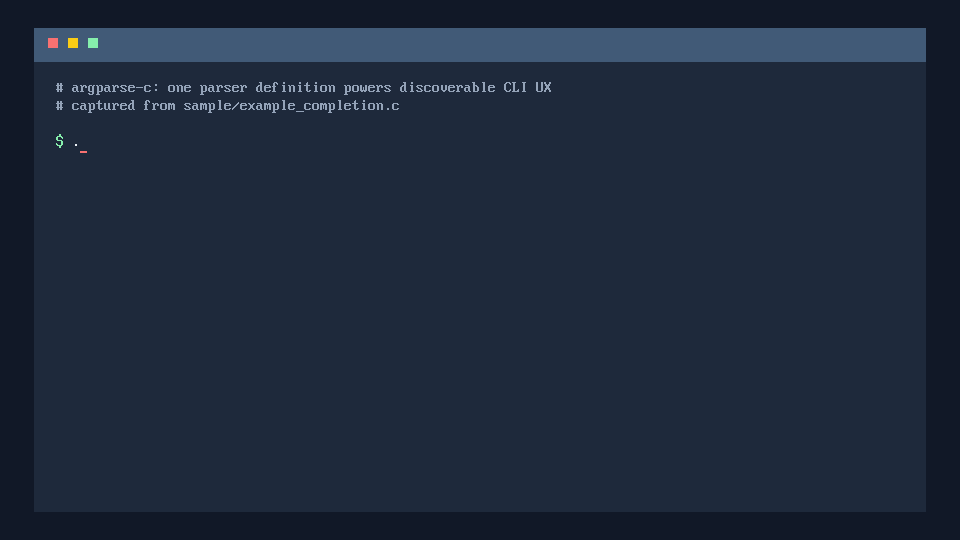 Animated terminal demo showing argparse-c surfacing help output, shell completion candidates, and friendly validation errors from one sample parser definition.